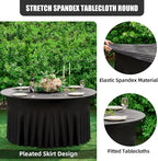 8 Pack Black Round Spandex Tablecloth 60 Inch, Wrinkle Free Stretch 120 Inch Fitted 5ft Black Table Cloths Round Table Covers with Ruffle Skirt for Graduation Wedding Party Banquet