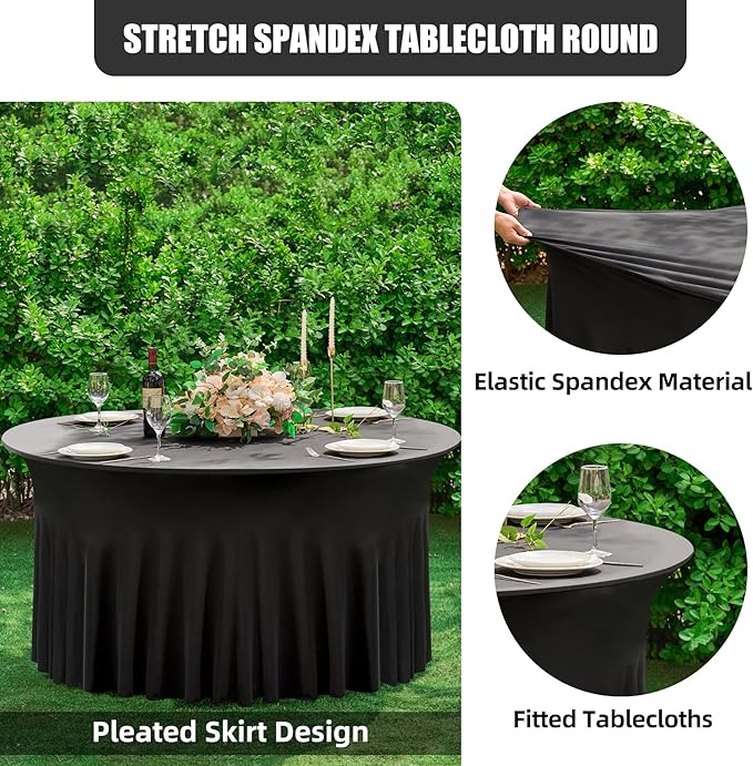 8 Pack Black Round Spandex Tablecloth 60 Inch, Wrinkle Free Stretch 120 Inch Fitted 5ft Black Table Cloths Round Table Covers with Ruffle Skirt for Graduation Wedding Party Banquet