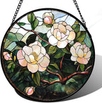 Stained Glass Suncatcher, Light Pink Flowers Green Leaf Sun Catcher Plant Stain Glass Window Hanging Decoration Mother's Day Birthday Gifts for Women Men Mom Nana 15 in