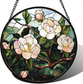 Stained Glass Suncatcher, Light Pink Flowers Green Leaf Sun Catcher Plant Stain Glass Window Hanging Decoration Mother's Day Birthday Gifts for Women Men Mom Nana 9.8 in