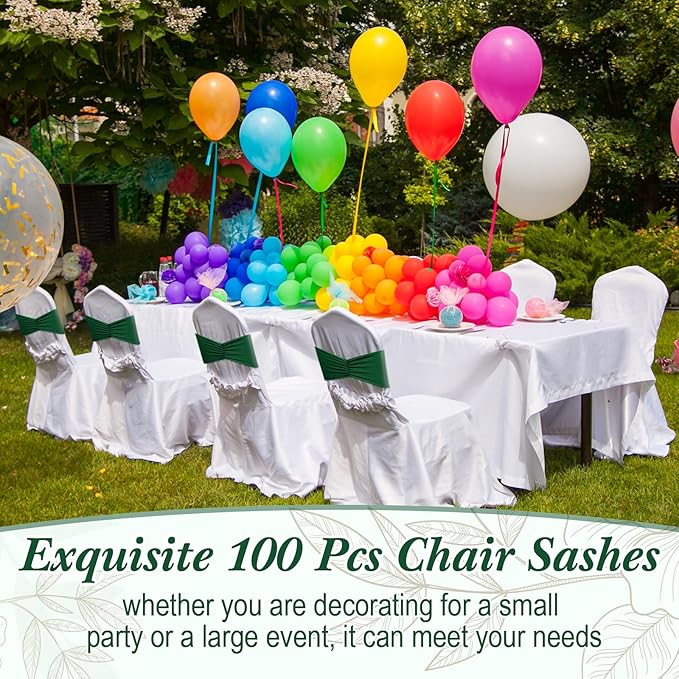 Moukeren 100 Pcs Spandex Chair Sashes Bows Bands Slider Sashes for Chair Covers Elastic Bands Ties Ribbon Decorations for Wedding Party Events Ceremony Birthday Banquet (Dark Green)