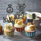 30 PCS He Asked She Said Yes Cupcake Toppers Love I Do Diamond Ring Cupcake Picks for Wedding Enaggement Bridal Shower Party Cake Decorations Supplies Black