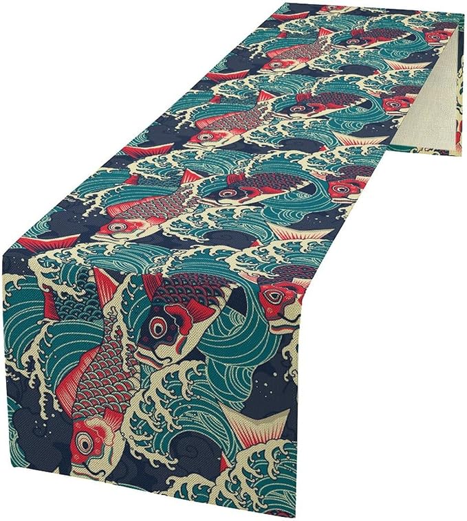 Kio Fish Table Runner Waves Japanese Tradition Art Printed Burlap Runner Home Kitchen Dining Table Living Room Decor Fabric 1 Panel W13xL70in