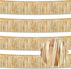 4 Pack 10 Ft Champagne Gold Foil Fringe Garland Metallic Streamers Tinsel Banner Wall Hanging Garland Backdrop for Parade Floats, Halloween, Christmas, Thanksgiving, New Year Party Decorations