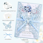 50 Set Light Blue Wedding Invitations Butterfly Laser Cut Invitations Pocket with Blank Inner Cards Rsvp Envelopes Stickers - Personalized Party Invites for Baby Bridal Shower QuinceañEa