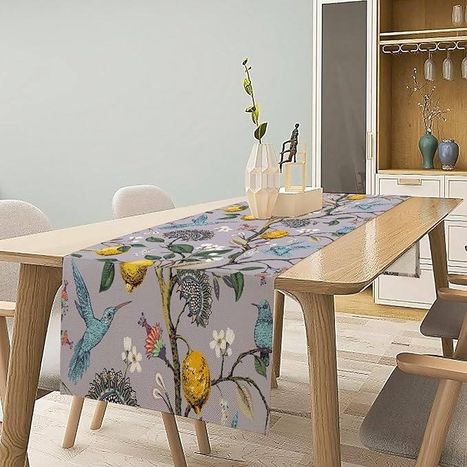 Table Runner with Flowers and Birds, Spring Plant Flowers Table Decoration Linen Table Runner Family Party Party Decorations 13x90 Inches