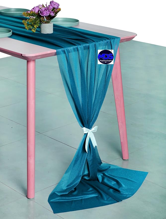 MDS 15 Pack 10ft Chiffon Table Runner 29 x 120 Inches Sheer Wedding Runner Romantic Rustic Table Runner for Wedding Decorations, Birthday Parties, Bridal Shower Party Arch Decor - Dark Teal