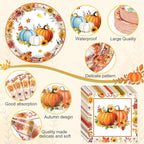 452 Pcs Fall Party Decorations Thanksgiving Party Supplies Fall Maple Leaves Pumpkins Paper Plates Napkins Cups Tablecloth Cutlery Straws for Autumn Thanksgiving Harvest Birthday Holiday