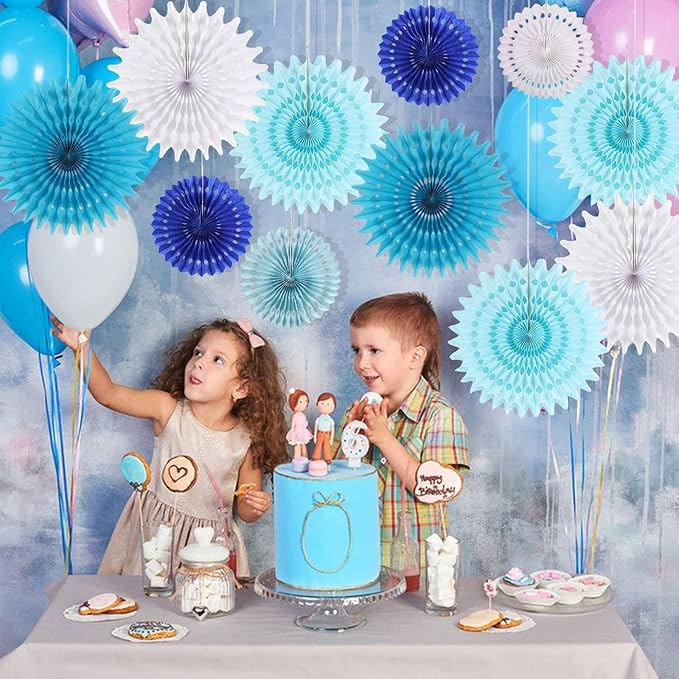 SUNBEAUTY Pack of 13 Blue White Hanging Honeycomb Paper Fans Party Decoration Kit for Baby Boy Shower 1st Birthday Navy Ocean Wedding Under The Sea Theme Photo Booth Backdrops Paper Party Supplies