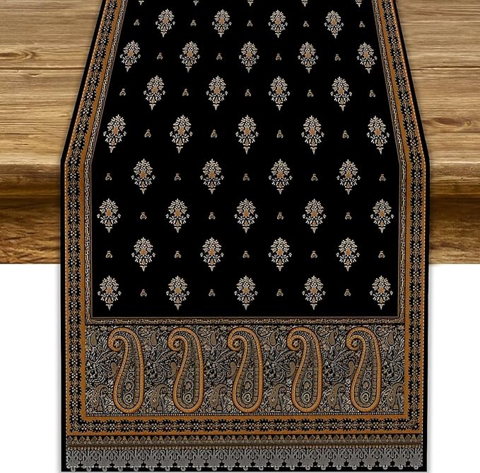 Vintage Paisley Table Runner, Boho Brown Black Flowers Leaves Print Table Runner for Home Dining Kitchen Table Party Wedding Decor, 13x36inch
