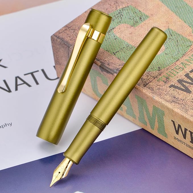 HONG DIAN M2 Black Forest Mini Fountain Pen, Fine Soft Nib & Sleek Shape Aluminium Short Pocket Travel Pen (Olive Green)