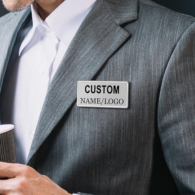 Custom Name Tags ID Badges with Logo Name Personalized Name Badges Custom Name Tag ID Badges with Pin Backing Customizable Name Badges for Business Offices Stores Restaurant, 1.5x2.8 in, 2PCS
