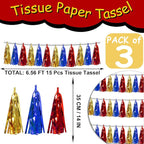 3P Gold Blue Red Foil Fringe Tassel Banner Metallic Tinsel Streamer Garland Wall Curtain Backdrop for Parade Floats, Graduation, Halloween, Christmas, Baby Bridal Shower Party Decorations