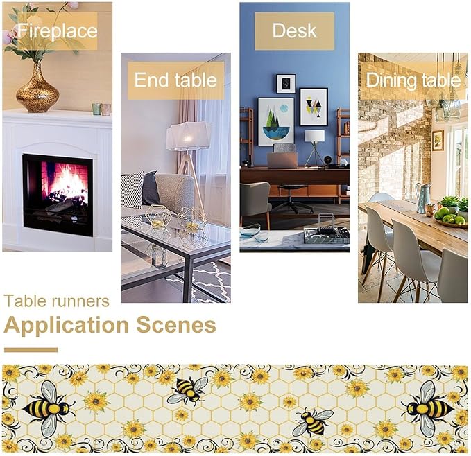 Bee Sunflower Table Runner, Farmhouse Orange Honeycomb Vintage Spring Summer Flowers Print Table Cover for Party Wedding Home Kitchen Dining Table Decor, 13x60inch
