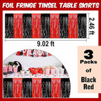 3 Pack Black and Red Foil Fringe Table Skirts Metallic Tinsel Streamers Garland Banner Backdrop for Table Decor, Parade Float, Birthday, Wedding, Halloween, Christmas Party Decorations(29x108 In)