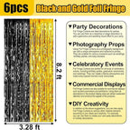 6 Pack Black Gold Foil Fringe Curtain Backdrop, 3.28Ft x 8.2Ft Metallic Tinsel Foil Fringe Streamer Curtains for Photo Booth, Birthday, Wedding, New Year Party Decorations