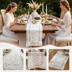 White Elegant Vintage Lace Table Runner,Wedding Lace Decor with Floral Embroidery,Tea Party Decor (White, 13.8X47 Inches)