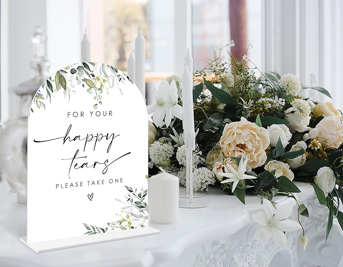 Greenery Happy Tears Tissue Sign, 6 x 8 Inch White Arch Acrylic Wedding Sign with Holder, Wedding Sign for Ceremony and Reception, Wedding Decoration, Wedding Supplies - LY25