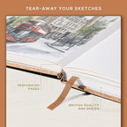 Beechmore Books A4 Sketchbook – 8.5x11 Premium Vegan Leather Bound Large Sketch Book Hardcover with 156 Thick 160gsm Perforated Ivory Pages, Blank Sketch Pad, Gift Boxed, Back Pocket, Ribbon Bookmark