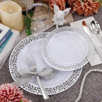 WELLIFE 210pcs Dinnerware Set - Silver Rimmed Plastic Plates Disposable Heavy Duty, Disposable Plastic Plates with Silver Rim, Water-proof, Break-proof, Best Choice for Any Party