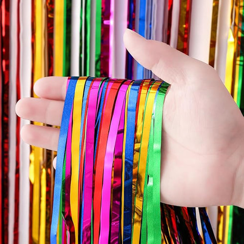 2 Pack 3.3x8.2 Feet Rainbow Foil Fringe Backdrop Curtains, Tinsel Streamers Birthday Party Decorations, Fringe Backdrop for Graduation, Baby Shower, Gender Reveal, Disco Party
