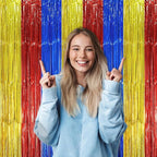 2 Pack Blue Red Gold Foil Fringe Backdrop Curtains, Tinsel Streamers Party Decorations, Fringe Backdrop, Door Shimmer for Birthday Party