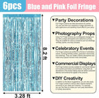 6 Pack Pink Blue Foil Fringe Curtain Backdrop, 3.28Ft x 8.2Ft Metallic Tinsel Foil Fringe Streamer Curtains for Photo Booth,Birthday, Christmas Day, New Year, Wedding Party Decorations