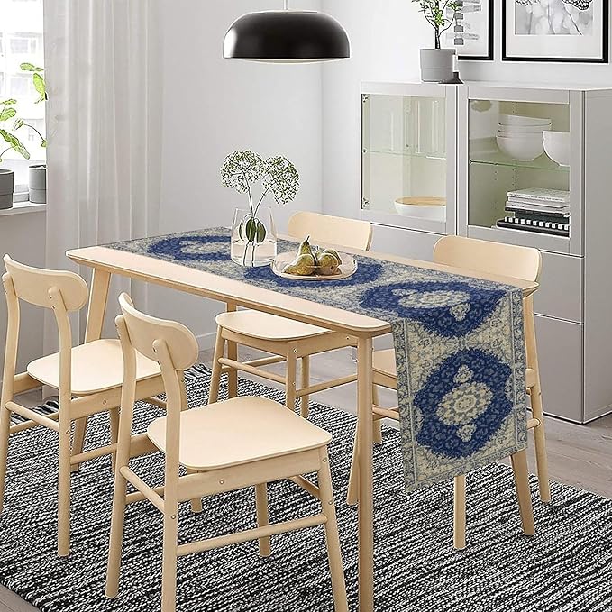 Boho Bohemia Style Dark Blue Table Runner, Country Rustic Farmhouse Magical Abstract Print Pattern for Home Kitchen Table Decor Dining Coffee Room Garden Party Decor 13x108in