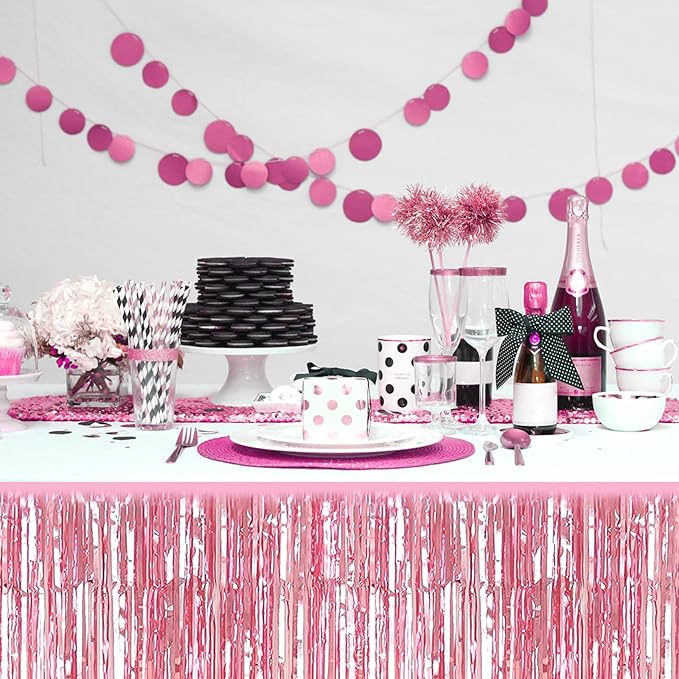 3 Pack 29x108 Inch Pink Foil Fringe Table Skirts Metallic Banner for Tinsel Streamer Garland Backdrop for Parade Floats Wedding Thanksgiving Birthday Christmas Halloween Party Decoration