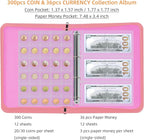 Coin Collection Book Holder for Collectors, 300 Pockets Fireproof Coins Collecting Album & 36 Sleeves Money Storage Case for Coin Currency Collection Supplies, Bill, Pennies, Quarters, Stamp,Pink