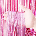 4 Pack 3.3x8.2 Feet Laser Pink Foil Fringe Backdrop Curtains, Tinsel Streamers Birthday Party Decorations, Fringe Backdrop for Graduation, Baby Shower, Gender Reveal, Disco Party