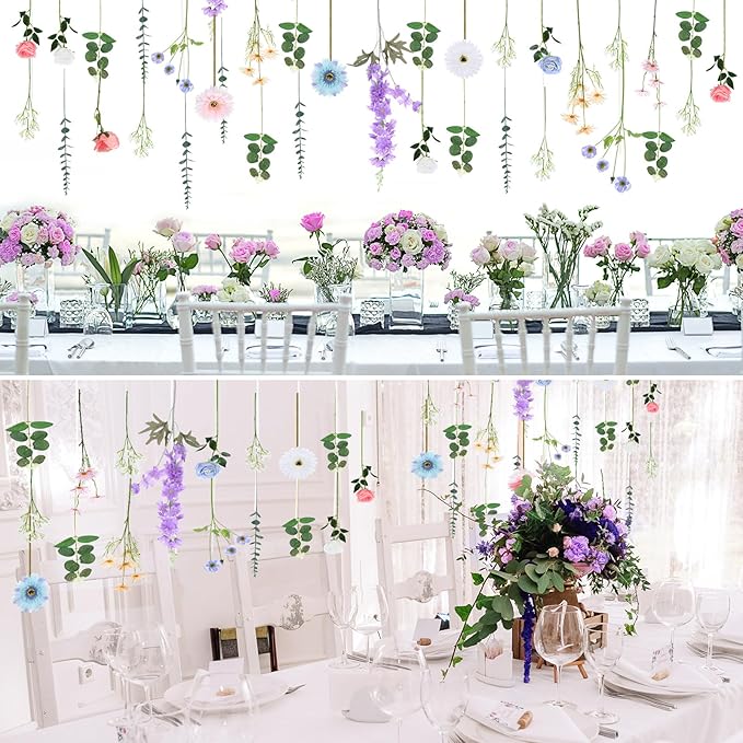 Hoteam 26 Pcs Pcs DIY Flower Garland Artificial Hanging Wildflower Backdrop Set Fake Rose Eucalyptus Daisy Poppy Wild Flower Decor for Wedding Party Birthday Home Garden (White,Blue,Pink)