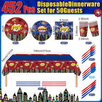 452 Pcs Spider Themed Birthday Party Supplies for 50 Guests, Hero Theme Paper Plates Napkins Cups Tablecloth Cutlery Straws Tableware for Red Blue Halloween Birthday Party Decorations