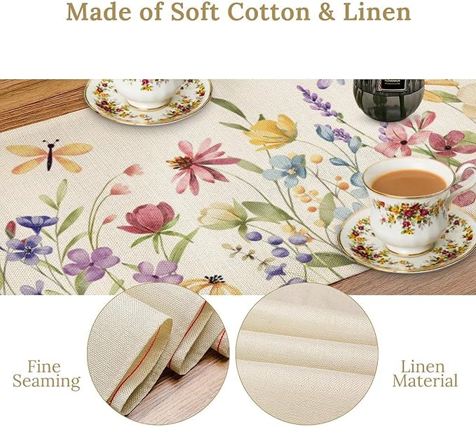 Watercolor Floral Table Runner, Colorful Spring Summer Nature Flower Dragonfly Pattern Print Table Runner for Kitchen Dinning Table Runner Decor Home Wedding Party Holiday, 13x70 Inch