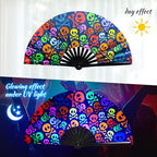 SYNTECSO Folding Hand Fan for Rave, UV Glow Fan, Large Bamboo Fan for Drag Queen, Women and Men Gift，Chinese Japanese Clack Fan for Parties, Music Festivals, EDM and Decoration