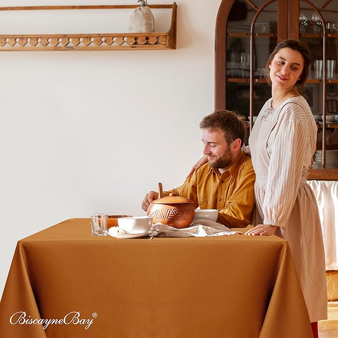 Biscaynebay Fall Tablecloth Textured Fabric Square Tablecloths 60x60 Inch, Bronze Thanksgiving Autumn Harvest Water Resistant Fabric Tablecloths for Kitchen, Dining, Wedding, Parties Machine Washable