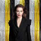 2 Pack Black Gold Silver Foil Fringe Backdrop Curtains, Tinsel Streamers Party Decorations, Fringe Backdrop, Door Shimmer for New Years or Birthday Party