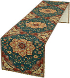 Boho Rich Table Runner, Vintage Blue Teal Gold Retro Flower Rustic Country Style Floral Print Pattern for Home Kitchen Table Decor Dining Coffee Room Garden Party Decor 13x90in