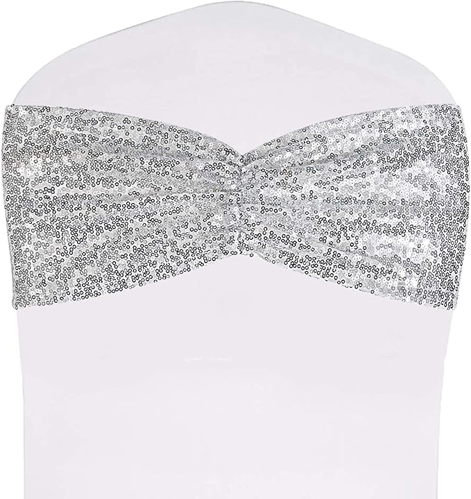 SquarePie Pack of 100 Chair Sashes Bows Sparkly Silver Sequin Chair Bands for Wedding Party Banquet Home Decor