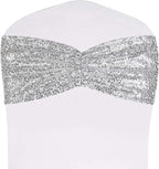 SquarePie Pack of 100 Chair Sashes Bows Sparkly Silver Sequin Chair Bands for Wedding Party Banquet Home Decor
