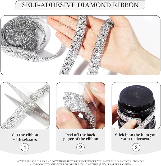 Rhinestone Ribbon 3 Yards Self Adhesive Rhinestone Strips Diamond Ribbon Sticker Crystal Roll Glitter Bling Rhinestones Tape for Crafting DIY Art Decoration (Silver,0.6 Inch)