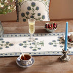 patdrea Designer Blue Rustic Elegant Floral Patterned Linen Table Runner 87 Inch Long,Wrinkle Resistant Table Mat,Decoration for Kitchen Dining and Coffee Tables Banquet Christmas , 12"x87"