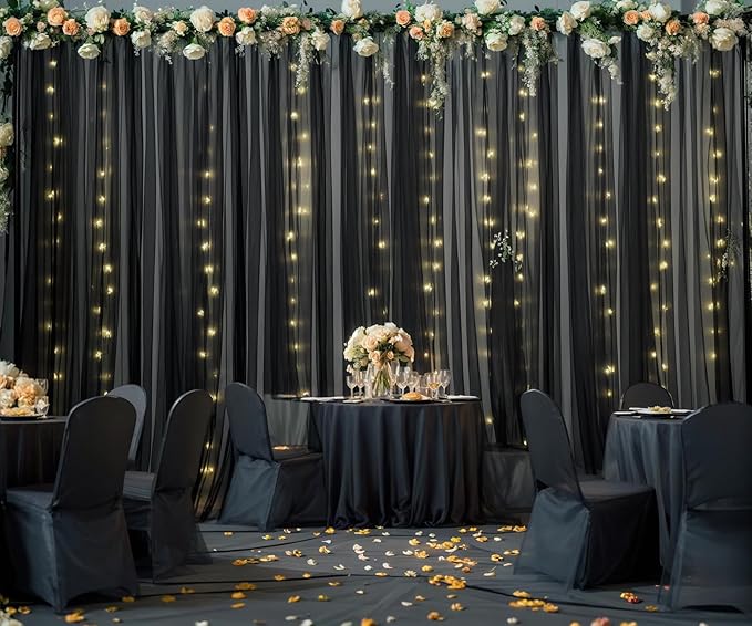20ft x 10ft Black Tulle Photo Backdrop Curtain with Lights String for Parties Sheer Black Curtain Backdrop for Birthday Party Baby Shower Wedding Photo Booth Photography Background Decorations