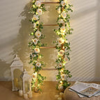 Dolicer 2Pcs 13Ft Artificial Eucalyptus Garlands with Flowers, Faux Floral Greenery Garlands with 13Ft String Lights Fake Flowers Vines for Wedding Centerpieces Arch Party Decor (White)