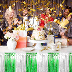 3 Pack 29 x108 Inch Silver Green Foil Fringe Table Skirts Metallic Banner for Tinsel Streamer Garland Backdrop for Parade Floats Mother's Day, Graduate, Birthday, Wedding Party Decoration