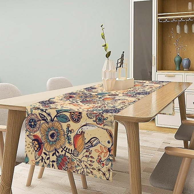 Vintage Paisley Table Runner, Boho Beige Paisley Flower Leaves Print Table Runner for Home Party Patio Indoor Outdoor, 13x70inch