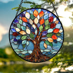Stained Glass Window Hanging, Colorful Tree of Life Sun Catchers Glass Panel Blue Suncatcher Decor for Birthday for Women, Men, Wife, Aunt, and Mom 14.9x14.9 in