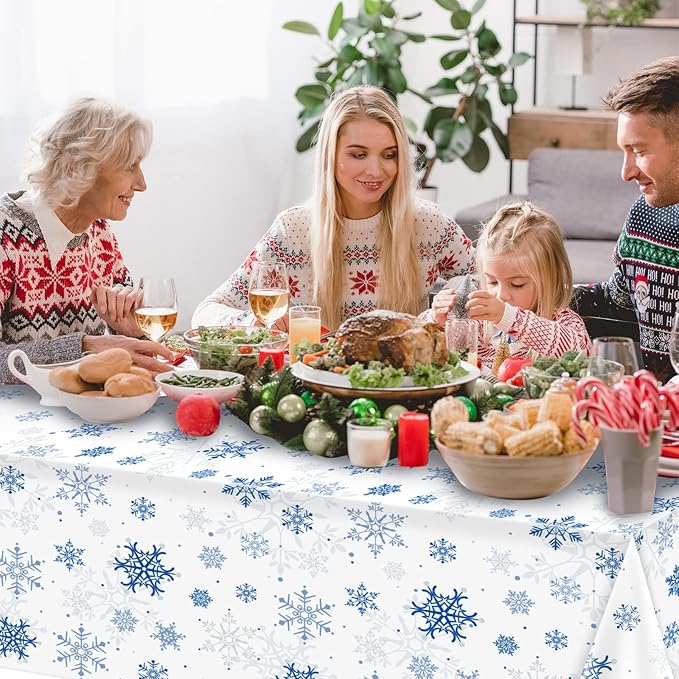 12 Pieces Snowflake Christmas Party Tablecloth Decorations,Plastic White Snowflake White Blue Xmas Backdrop Sign Table Cover Banner for Winter Christmas Holiday Party Supplies,54x108 inch（White/Blue）