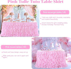 PARTISKY Pink Tulle Curly Willow Table Skirt for Rectangle Table 14ft, Ruffle Tutu Table Cloth for Girls Baby Shower,Birthday Party Candy Cake Tables