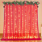 30×10ft Red Tulle Backdrop Curtain with Lights String for Parties, Sheer Photo Backdrop Curtains for Wedding Party Photography Background